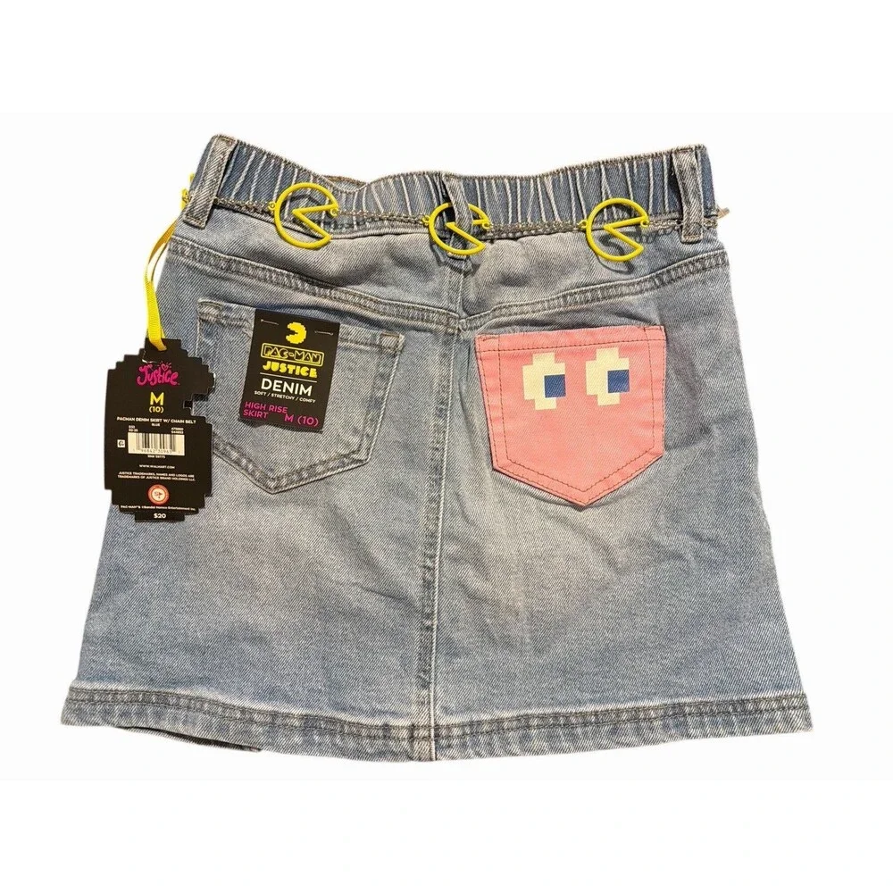 Justice Pac-Man Denim Skirt Girls M 10 High Rise Chain Belt Blue‎ NWT
